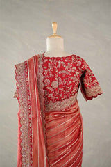 Rust Red Tissue Silk Saree with Silver Zari Stripes and Beads