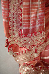 Rust Red Tissue Silk Saree with Silver Zari Stripes and Beads