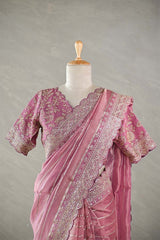Mauve Tissue Silk Saree with Silver Zari Stripes and Beads