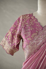 Mauve Tissue Silk Saree with Silver Zari Stripes and Beads