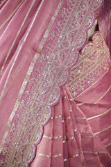 Mauve Tissue Silk Saree with Silver Zari Stripes and Beads