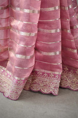 Mauve Tissue Silk Saree with Silver Zari Stripes and Beads