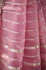 Mauve Tissue Silk Saree with Silver Zari Stripes and Beads