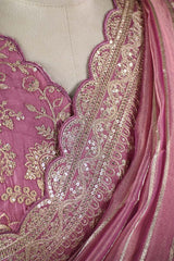 Mauve Tissue Silk Saree with Silver Zari Stripes and Beads