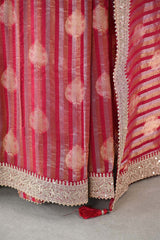 Red Tissue Silk Saree With Embellished Lace Border