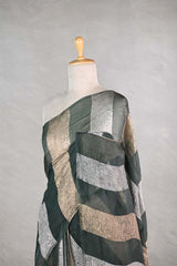 Deep Green Organza Silk Saree with Crushed Tissue Zari Stripes