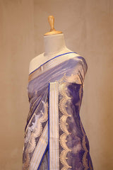 Blue Tissue Silk Saree with Gold-Silver Zari Necklace Stripes