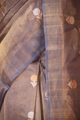 Metallic Blue Tissue Silk Saree with Gold-Silver Zari Floral Motifs