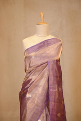 Metallic Purple Tissue Silk Saree with Gold-Silver Zari Floral Motifs