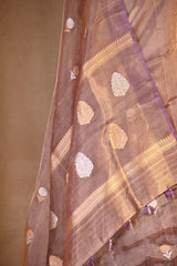 Metallic Purple Tissue Silk Saree with Gold-Silver Zari Floral Motifs