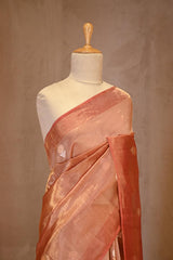 Metallic Rust Tissue Silk Saree with Gold-Silver Zari Floral Motifs