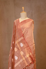 Metallic Rust Tissue Silk Saree with Gold-Silver Zari Floral Motifs