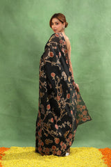 Black Applique Organza Silk Saree with Multicolor Shikargah Jaal