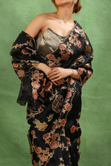 Black Applique Organza Silk Saree with Multicolor Shikargah Jaal