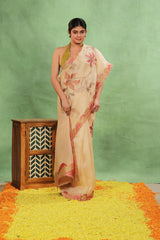 Ivory Applique Organza Silk Saree with Multicolor Floral Vines and Bird Motifs