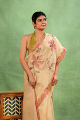 Ivory Applique Organza Silk Saree with Multicolor Floral Vines and Bird Motifs