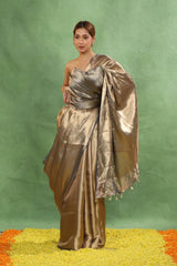 Steel Blue Brocade Tissue Silk Saree with Gold Zari Tanchoi Weave