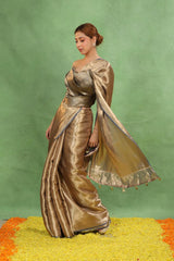 Steel Blue Brocade Tissue Silk Saree with Gold Zari Tanchoi Weave