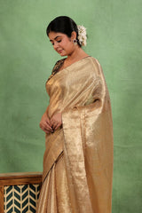 Golden Brocade Tissue Silk Saree with Maroon Piping and Dual Blouse