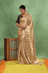 Golden Brocade Tissue Silk Saree with Maroon Piping and Dual Blouse