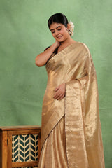Golden Brocade Tissue Silk Saree with Maroon Piping and Dual Blouse