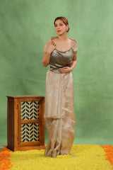 Silver Applique Tissue Silk Saree with Pitta Zari and Scalloped Border