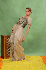Silver Applique Tissue Silk Saree with Pitta Zari and Scalloped Border