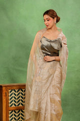 Silver Applique Tissue Silk Saree with Pitta Zari and Scalloped Border