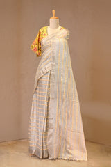 Grey Tissue Silk Saree with Zari Stripes and Crushed Body