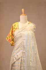Grey Tissue Silk Saree with Zari Stripes and Crushed Body