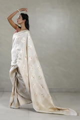 Beige Tussar Khaddi Silk Saree with Meenakari Floral Work