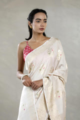 Beige Tussar Khaddi Silk Saree with Meenakari Floral Work