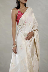 Beige Tussar Khaddi Silk Saree with Meenakari Floral Work