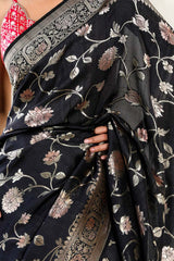Black Handloom Tussar Khaddi Silk Saree with Handbrush Antique Zari Work