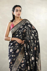 Black Handloom Tussar Khaddi Silk Saree with Handbrush Antique Zari Work