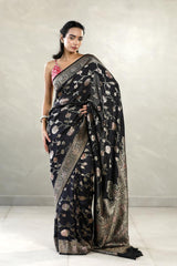 Black Handloom Tussar Khaddi Silk Saree with Handbrush Antique Zari Work
