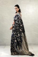 Black Handloom Tussar Khaddi Silk Saree with Handbrush Antique Zari Work