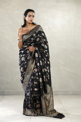 Black Handloom Tussar Khaddi Silk Saree with Handbrush Antique Zari Work
