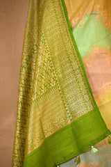Green Banarasi Tussar Khaddi Silk Saree With Rangkat Hand-Brush Work