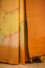Yellow Tussar Khaddi Banarasi Silk Saree with Leheriya Rangkat Pattern