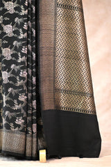 Black Tussar Khaddi Silk Saree with Handbrushing Work