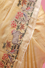 Yellow Floral & Pichwai Embroidered Tussar Silk Saree