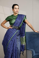 Royal Blue Banarasi Cotton Saree with Zari Checks