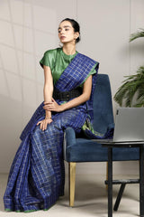 Royal Blue Banarasi Cotton Saree with Zari Checks