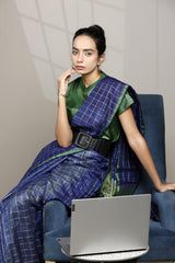 Royal Blue Banarasi Cotton Saree with Zari Checks