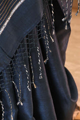 Bandhani Tussar Silk Saree in Charcoal Grey with Mrigah Motif Tie & Dye Pallu