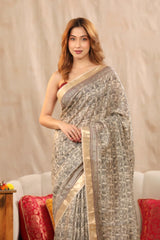 Sand Beige Moonga Silk Saree with Block Prints and Kantha Mirror Work