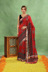 Red Moonga Silk Saree with Ajrakh Print and Lampi Lace Border
