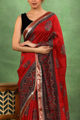 Red Moonga Silk Saree with Ajrakh Print and Lampi Lace Border