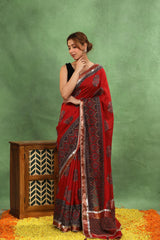 Red Moonga Silk Saree with Ajrakh Print and Lampi Lace Border